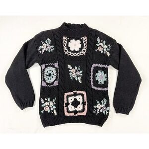 Vtg Maggie Lawrence Sport Granny Square Sweater Womens S Black Knit Cottagecore